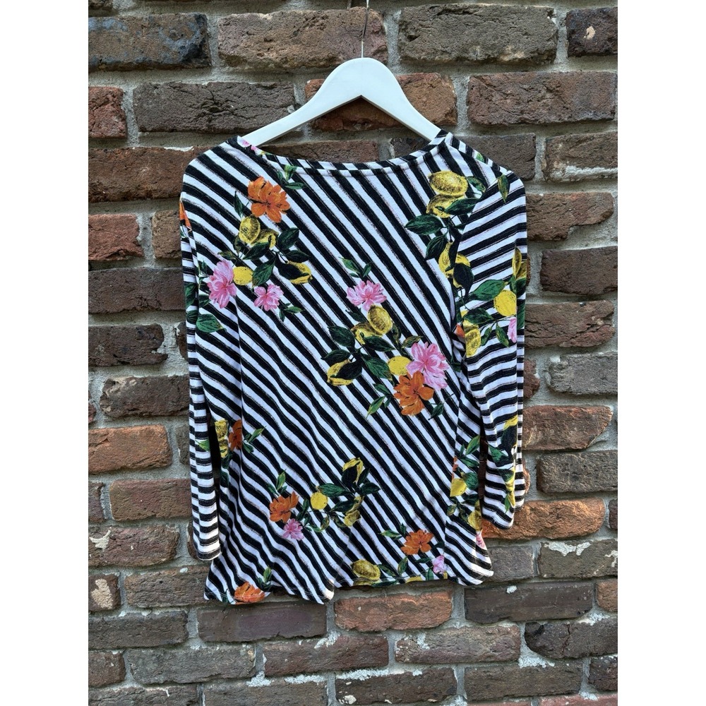 Investments Essentials‎ Petites  Size L  3/4 Sleeve Blouse Top lemons stripes - Picture 8 of 9